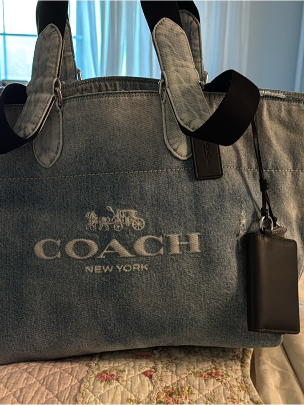 Coach Denim Duffel Bag in Light Blue with Black Trim